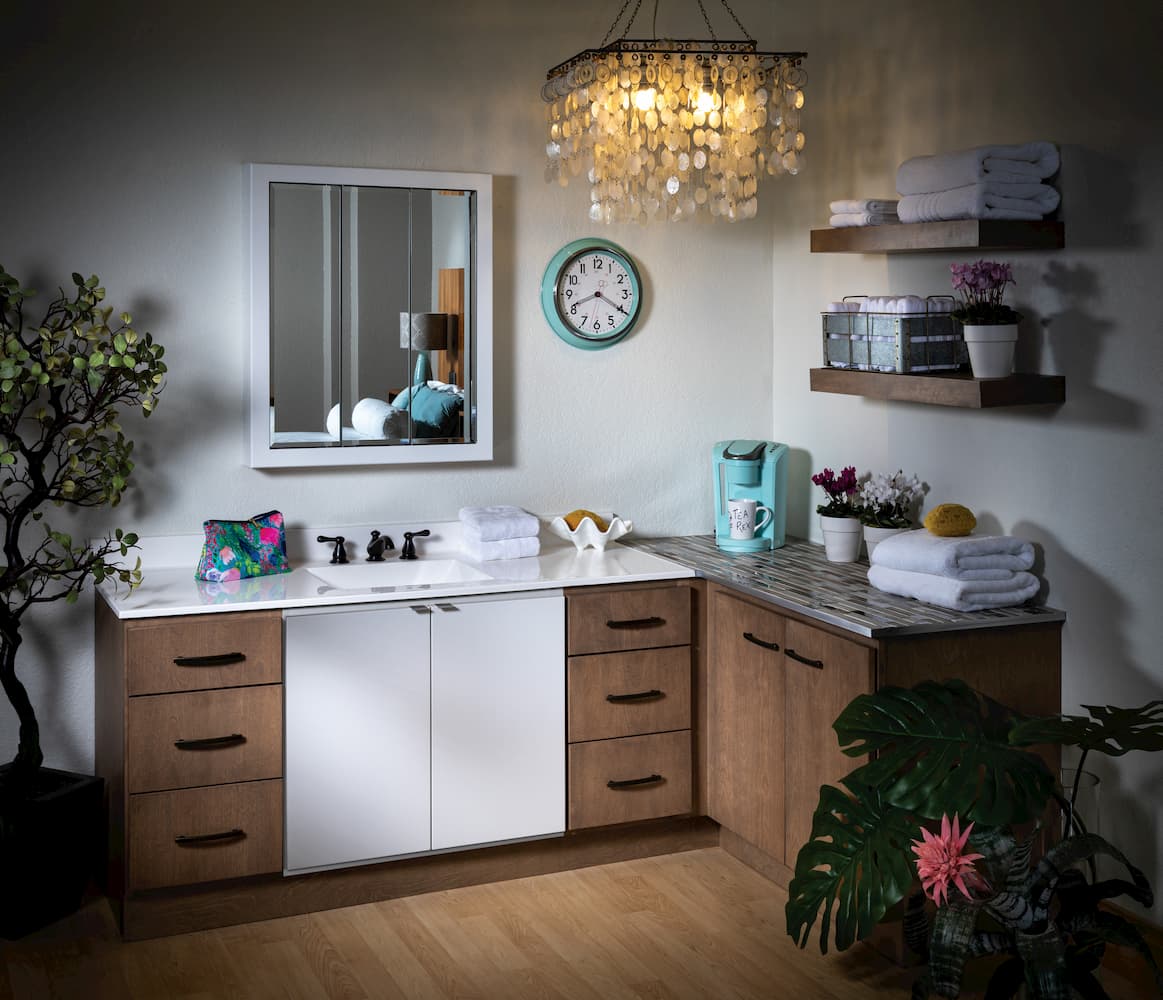 riverside birch driftwood cabinets in a contemporary bathroom